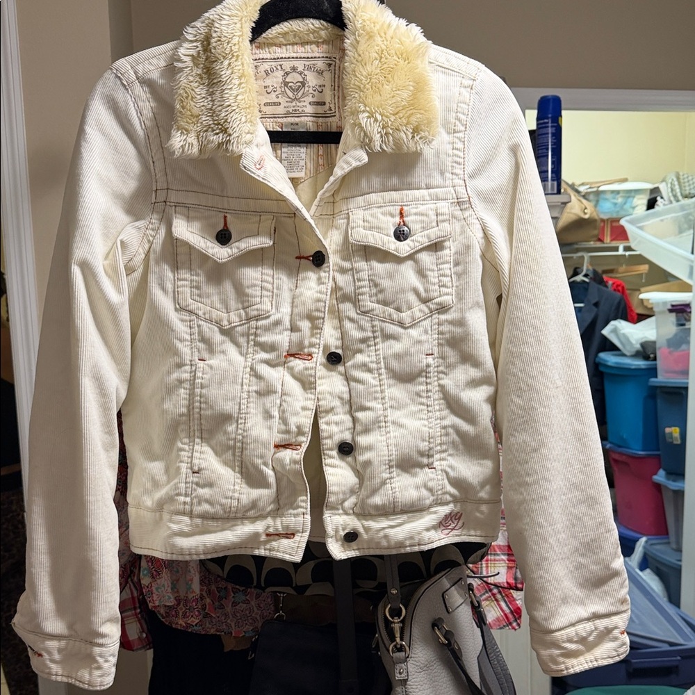 Cream Roxy Vintage corduroy Jacket with Faux Fur Collar